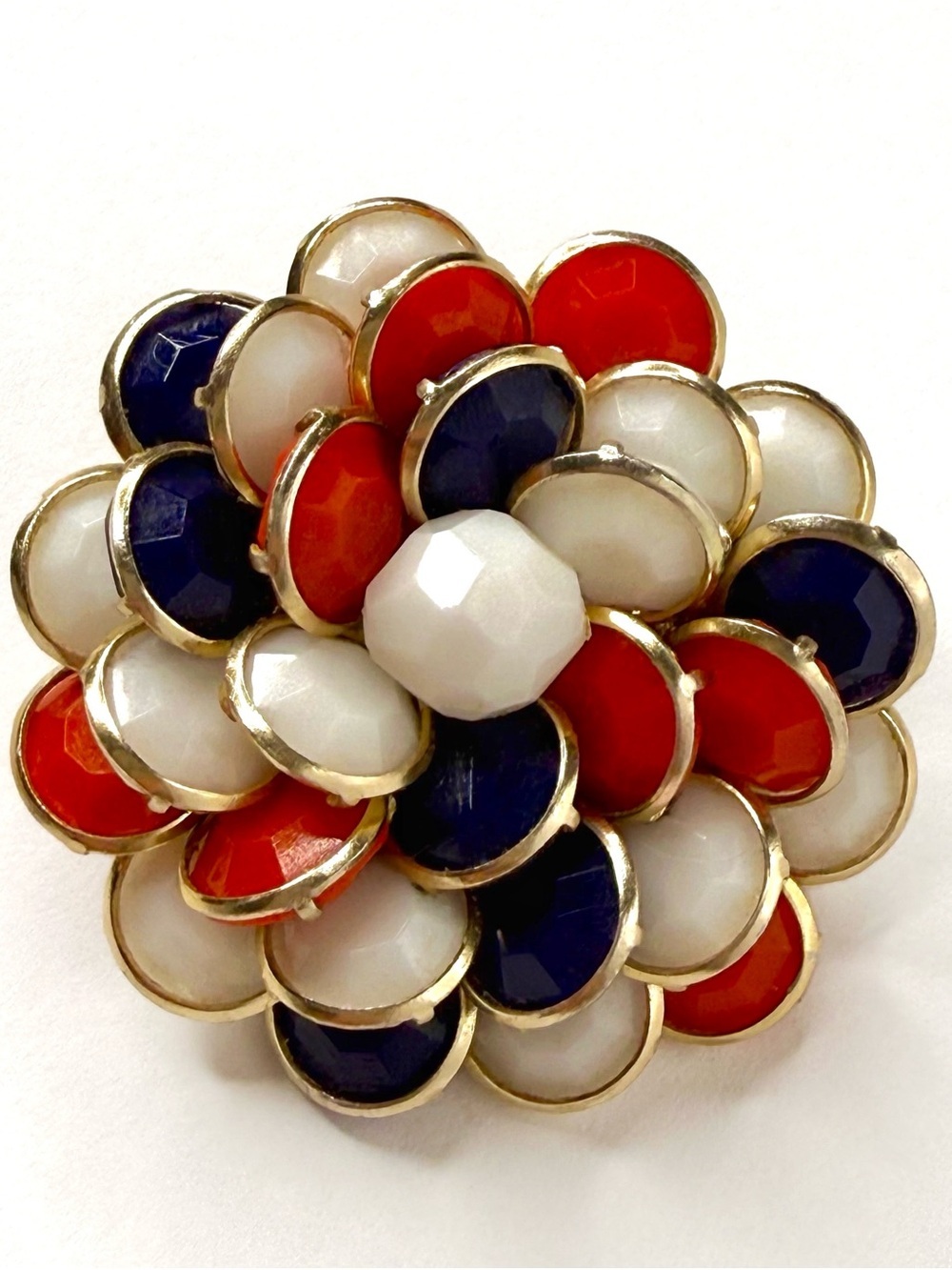 Gold-Tone Floral Cluster Brooch — Red, White & Navy